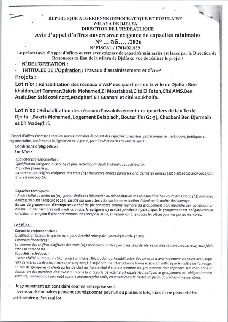 Avis d’appel d’offres ouvert avec exigence de capacités minimales