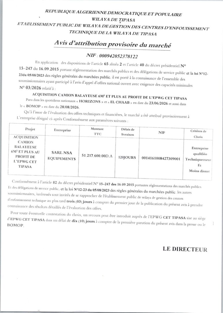 Avis d’attribution provisoire du marché