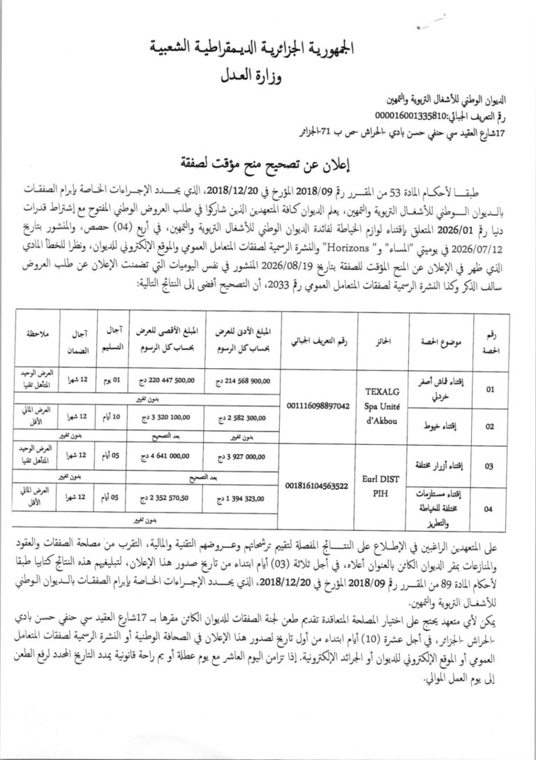 إعلان عن تصحيح منح مؤقت لصفقة