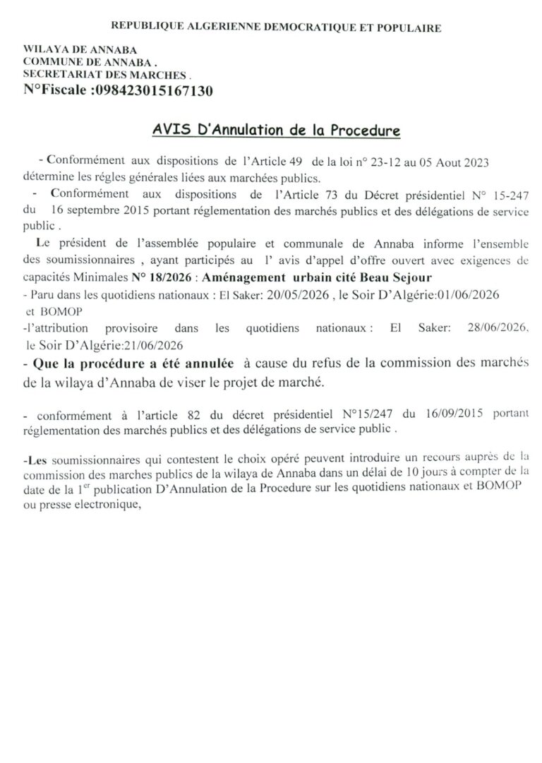 AVIS D’Annulation de la Procedure