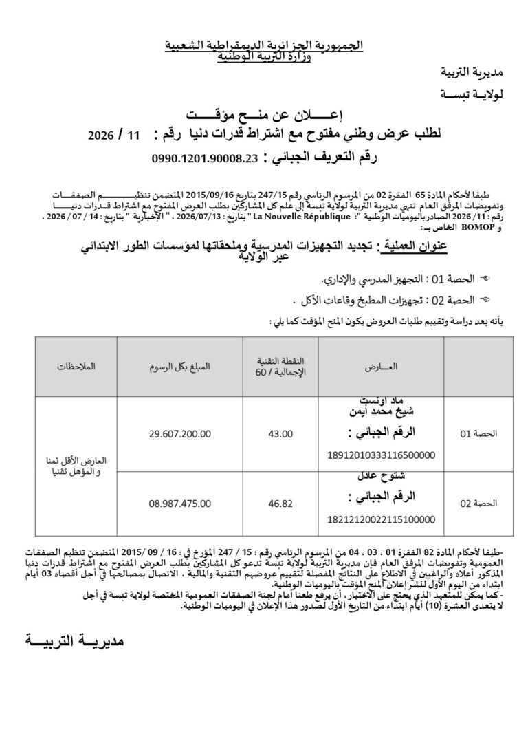إعلان عن منح مؤقت