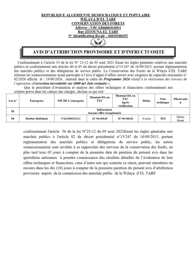 AVIS D’ATTRIBUTION PROVISOIRE ET D’INFRUCTUOSITE