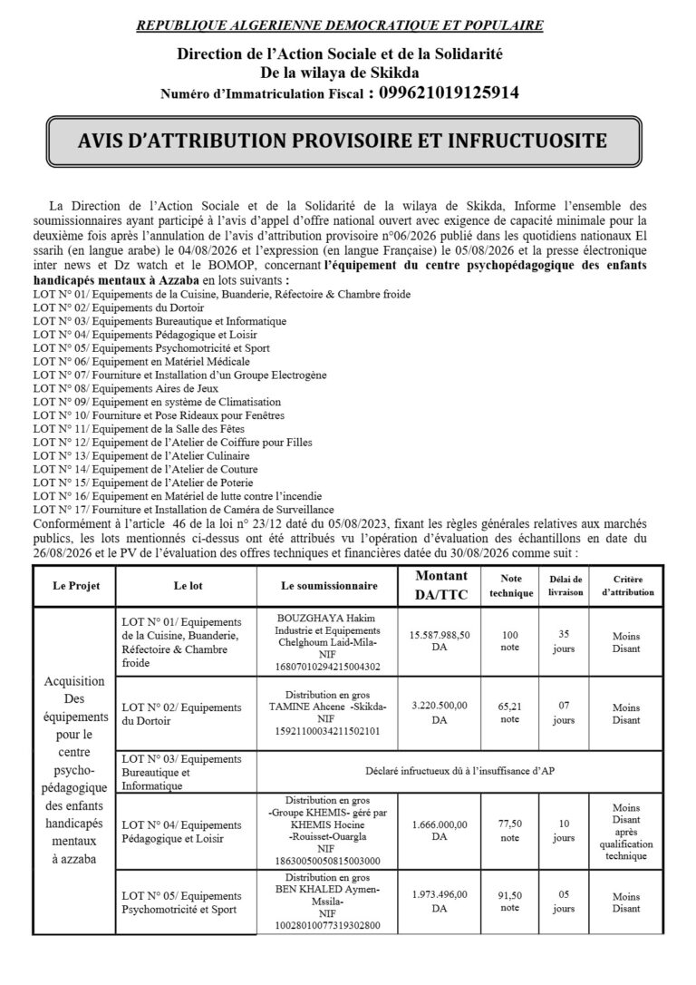 AVIS D’ATTRIBUTION PROVISOIRE ET INFRUCTUOSITE