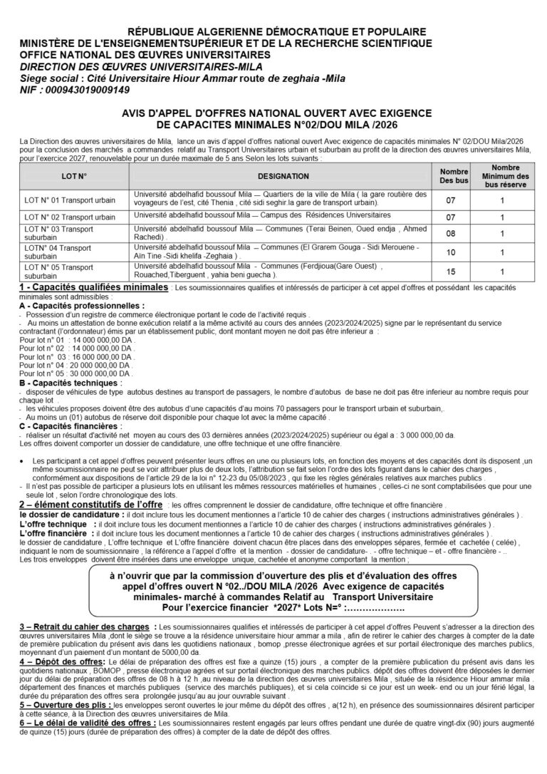AVIS D’APPEL D’OFFRES NATIONAL OUVERT AVEC EXIGENCE DE CAPACITES MINIMALES