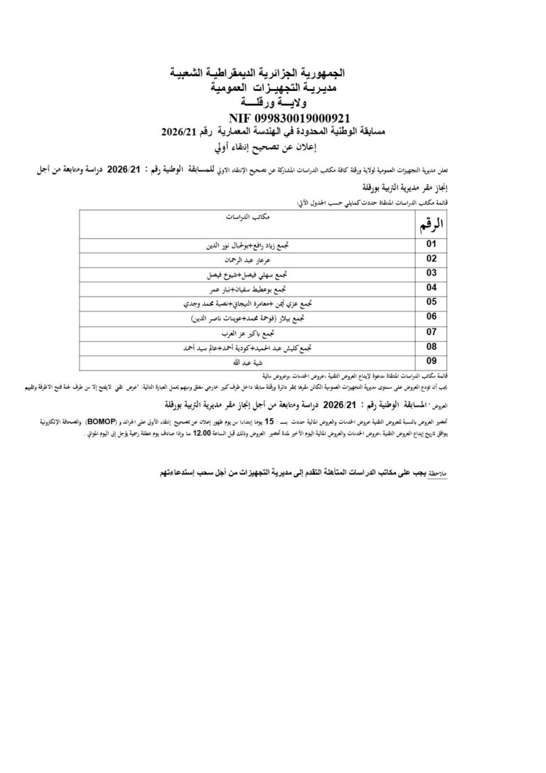 إعلان عن تصحيح إنتقاء أولي
