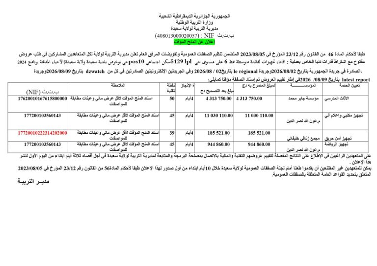 إعلان عن المنح المؤقت