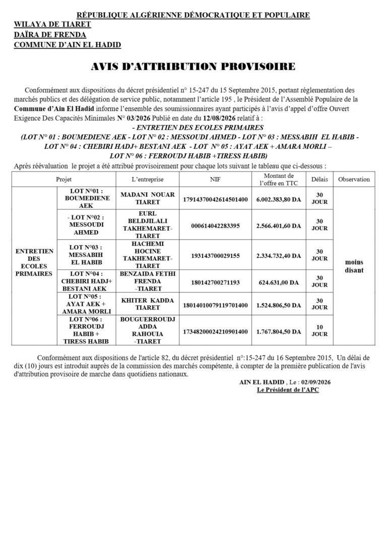 AVIS D’ATTRIBUTION PROVISOIRE