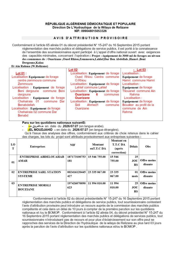 AVIS D’ ATTRIBUTION PROVISOIRE